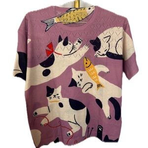 Purple Cat Print Short Sleeve Sweater Shirt